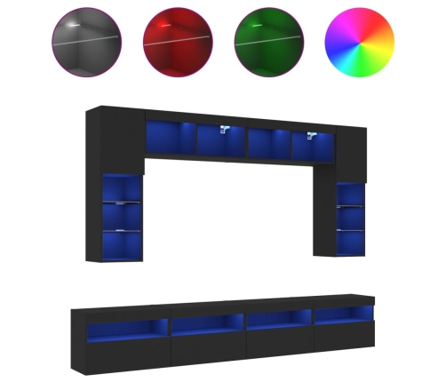 Mueble de pared de TV con luces LED 8 piezas negro