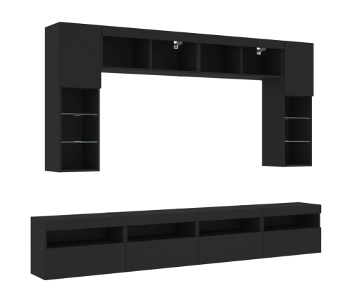 Mueble de pared de TV con luces LED 8 piezas negro