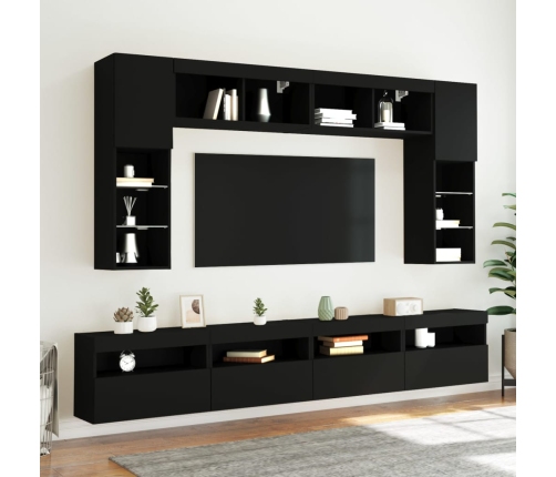 Mueble de pared de TV con luces LED 8 piezas negro