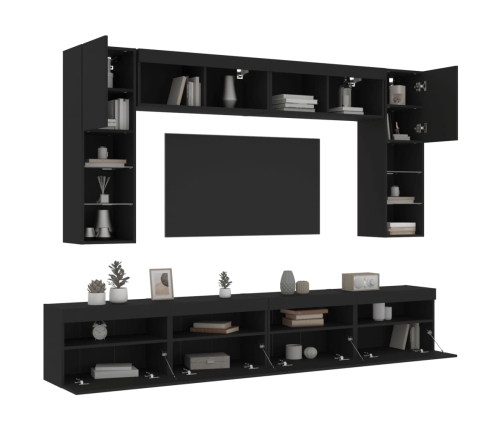 Mueble de pared de TV con luces LED 8 piezas negro