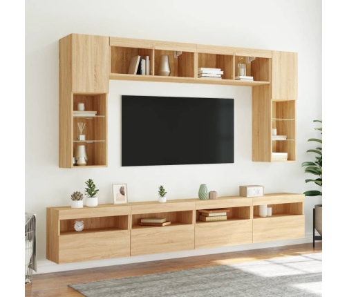 Muebles de TV de pared con luces LED 8 piezas roble sonoma