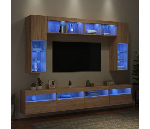 Muebles de TV de pared con luces LED 8 piezas roble sonoma