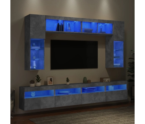 Muebles de TV de pared con luces LED 8 piezas gris hormigón