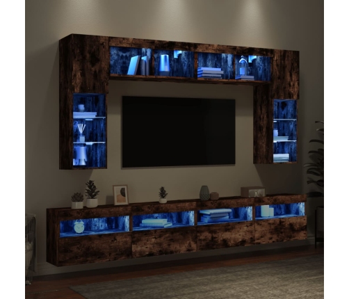 vidaXL Muebles de TV de pared con luces LED 8 piezas roble ahumado