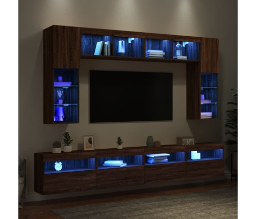 Muebles de TV de pared con luces LED 8 piezas marrón roble