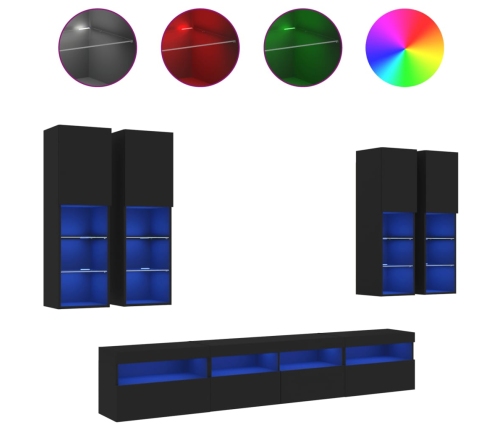 Muebles de TV de pared con luces LED 7 piezas negro