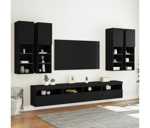 Muebles de TV de pared con luces LED 7 piezas negro