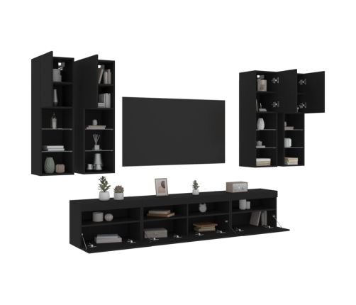 Muebles de TV de pared con luces LED 7 piezas negro