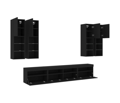 Muebles de TV de pared con luces LED 7 piezas negro