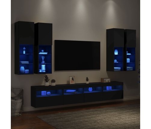 Muebles de TV de pared con luces LED 7 piezas negro