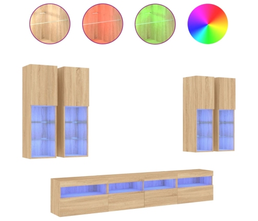 Muebles de TV de pared con luces LED 7 piezas roble sonoma