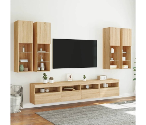 Muebles de TV de pared con luces LED 7 piezas roble sonoma