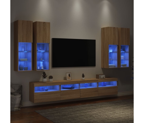 Muebles de TV de pared con luces LED 7 piezas roble sonoma