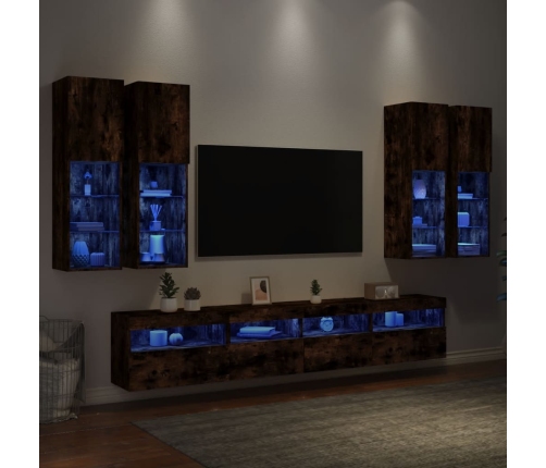 Muebles de TV de pared con luces LED 7 piezas roble ahumado