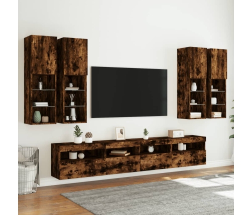 Muebles de TV de pared con luces LED 7 piezas roble ahumado