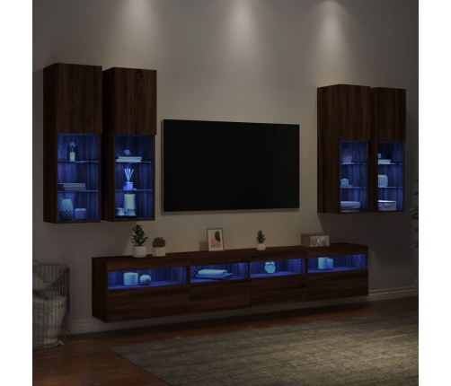 Muebles de TV de pared con luces LED 7 piezas marrón roble