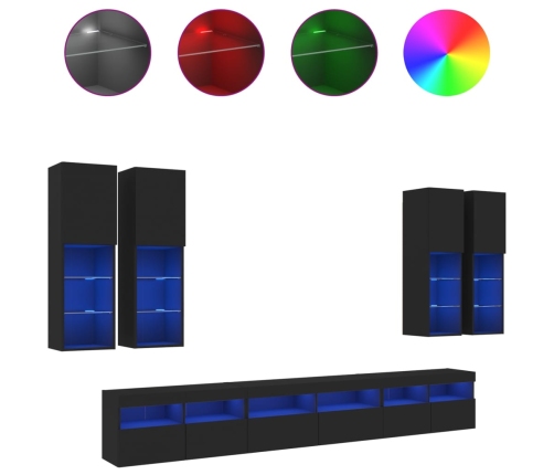 Mueble de pared de TV con luces LED 7 piezas negro