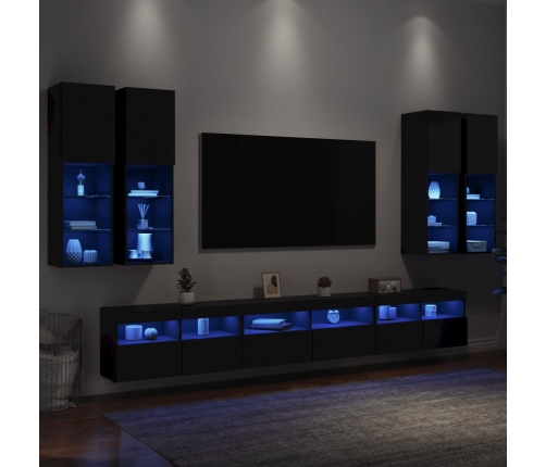 Mueble de pared de TV con luces LED 7 piezas negro