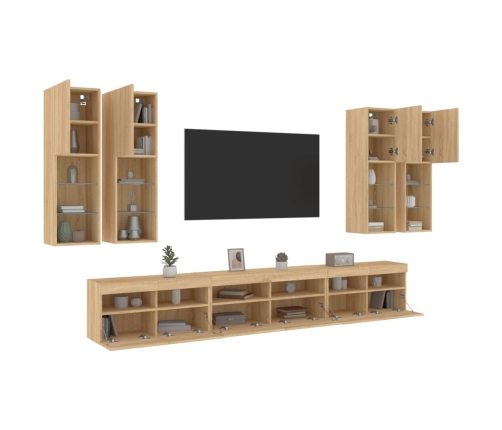 vidaXL Muebles de TV de pared con luces LED 7 piezas roble sonoma