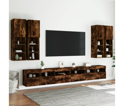 vidaXL Muebles de TV de pared con luces LED 7 piezas roble ahumado