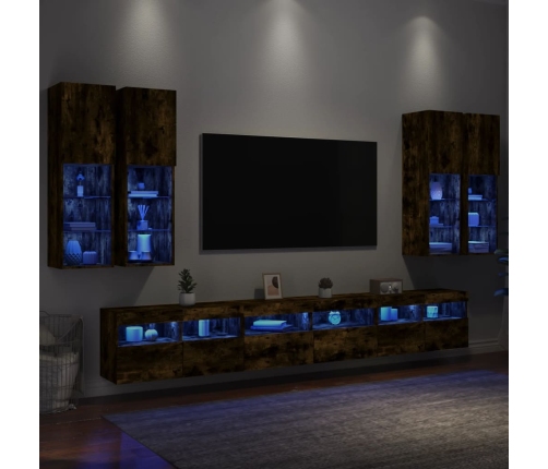 vidaXL Muebles de TV de pared con luces LED 7 piezas roble ahumado