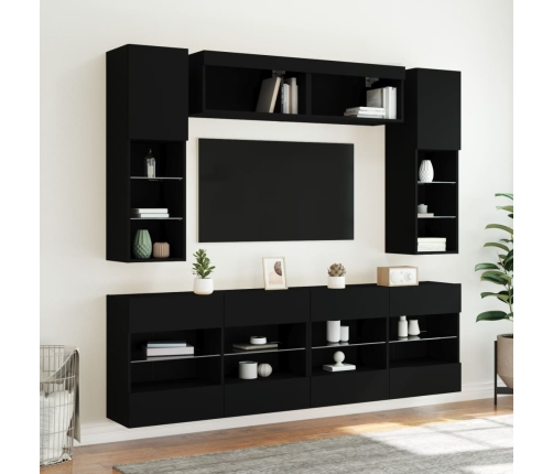 Muebles de pared de TV con luces LED 6 piezas negro