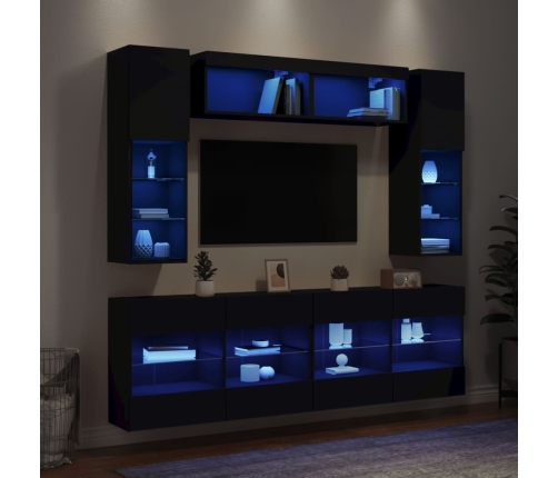 Muebles de pared de TV con luces LED 6 piezas negro