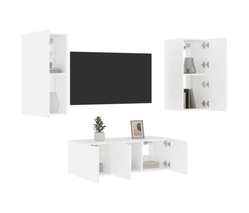 Muebles de TV de pared con LED 4 pzas madera ingeniería blanco