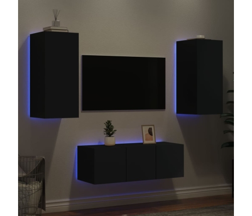 Muebles de TV de pared con LED 4 pzas madera ingeniería negro