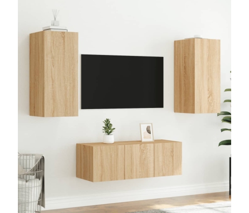 Muebles TV pared con LED 4 pzas madera ingeniería roble Sonoma