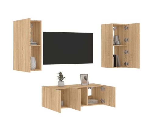 Muebles TV pared con LED 4 pzas madera ingeniería roble Sonoma