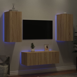 Muebles TV pared con LED 4 pzas madera ingeniería roble Sonoma
