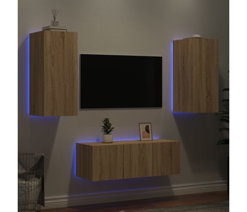 Muebles TV pared con LED 4 pzas madera ingeniería roble Sonoma