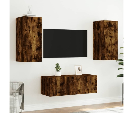 Muebles TV pared con LED 4 pzas madera ingeniería roble ahumado