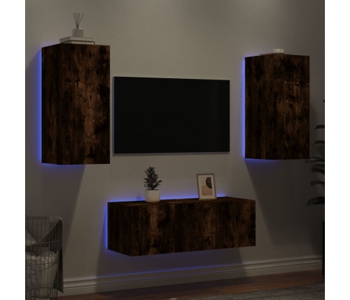 Muebles TV pared con LED 4 pzas madera ingeniería roble ahumado