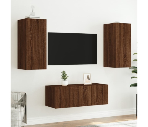 Muebles TV pared con LED 4 pzas madera ingeniería marrón roble