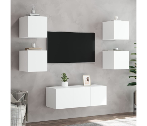 Muebles de TV de pared con LED 6 pzas madera ingeniería blanco