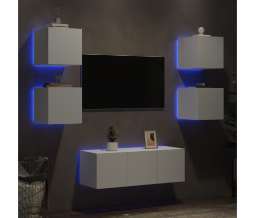 Muebles de TV de pared con LED 6 pzas madera ingeniería blanco