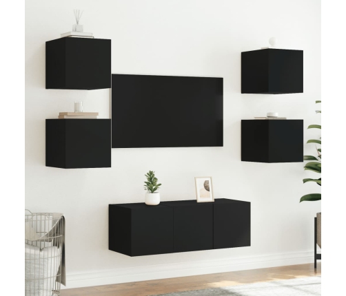 Muebles de TV de pared con LED 6 pzas madera ingeniería negro