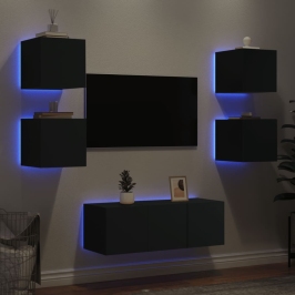 Muebles de TV de pared con LED 6 pzas madera ingeniería negro