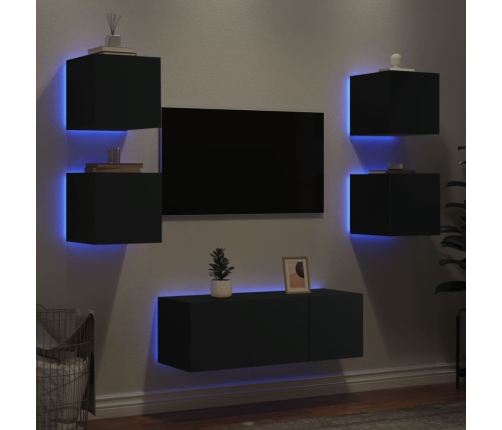 Muebles de TV de pared con LED 6 pzas madera ingeniería negro