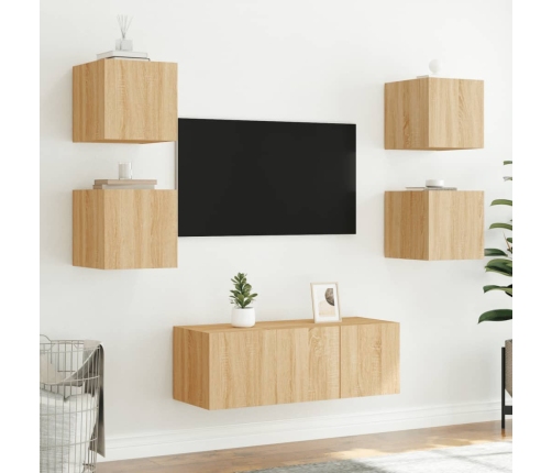 Muebles TV pared con LED 6 pzas madera ingeniería roble Sonoma