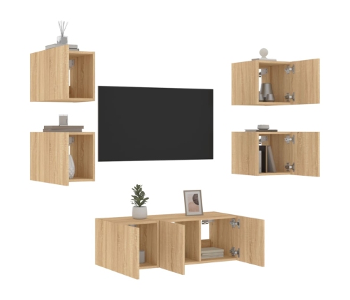 Muebles TV pared con LED 6 pzas madera ingeniería roble Sonoma