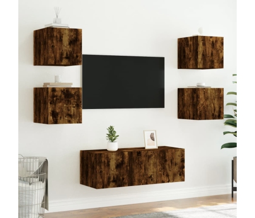 Muebles TV pared con LED 6 pzas madera ingeniería roble ahumado