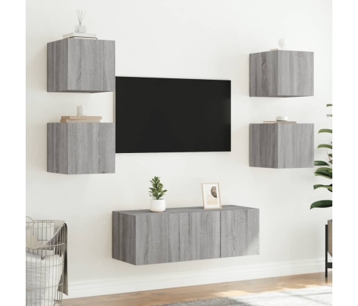 Muebles TV pared con LED 6 pzas madera ingeniería gris Sonoma