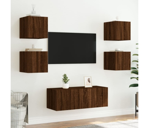 Muebles TV pared con LED 6 pzas madera ingeniería marrón roble