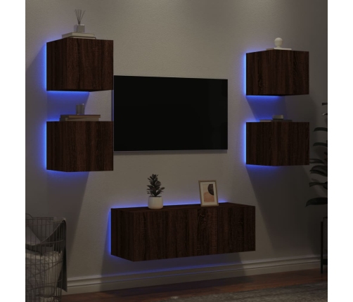 Muebles TV pared con LED 6 pzas madera ingeniería marrón roble