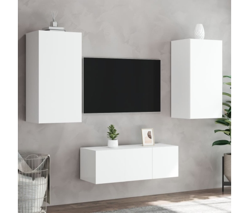 Muebles de TV de pared con LED 4 pzas madera ingeniería blanco