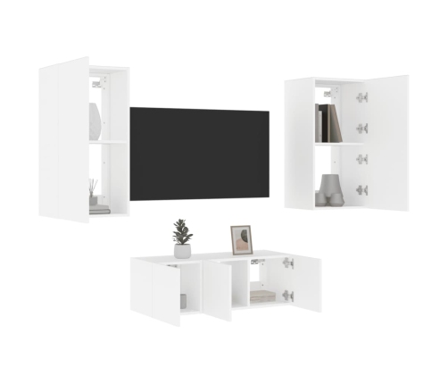 Muebles de TV de pared con LED 4 pzas madera ingeniería blanco