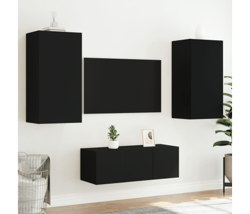 Muebles de TV de pared con LED 4 pzas madera ingeniería negro